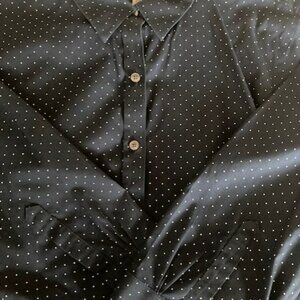 LLBean 3/4 sleeve, button-down shirt, navy with white dots, size L